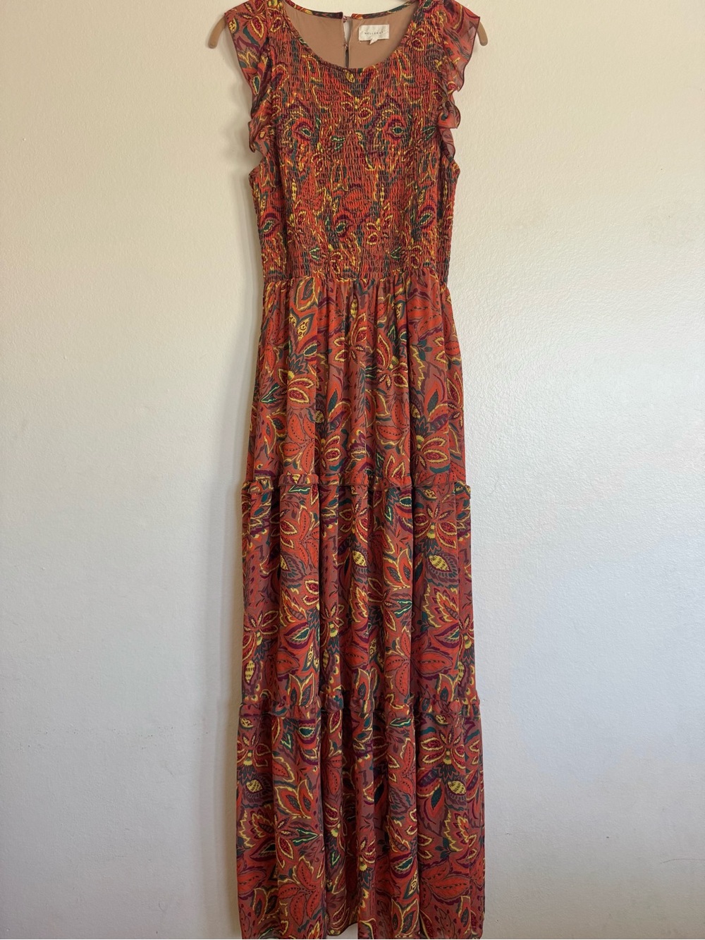 MELLODAY Rust Paisley fluttered sleeves, Tiered Maxi Dress